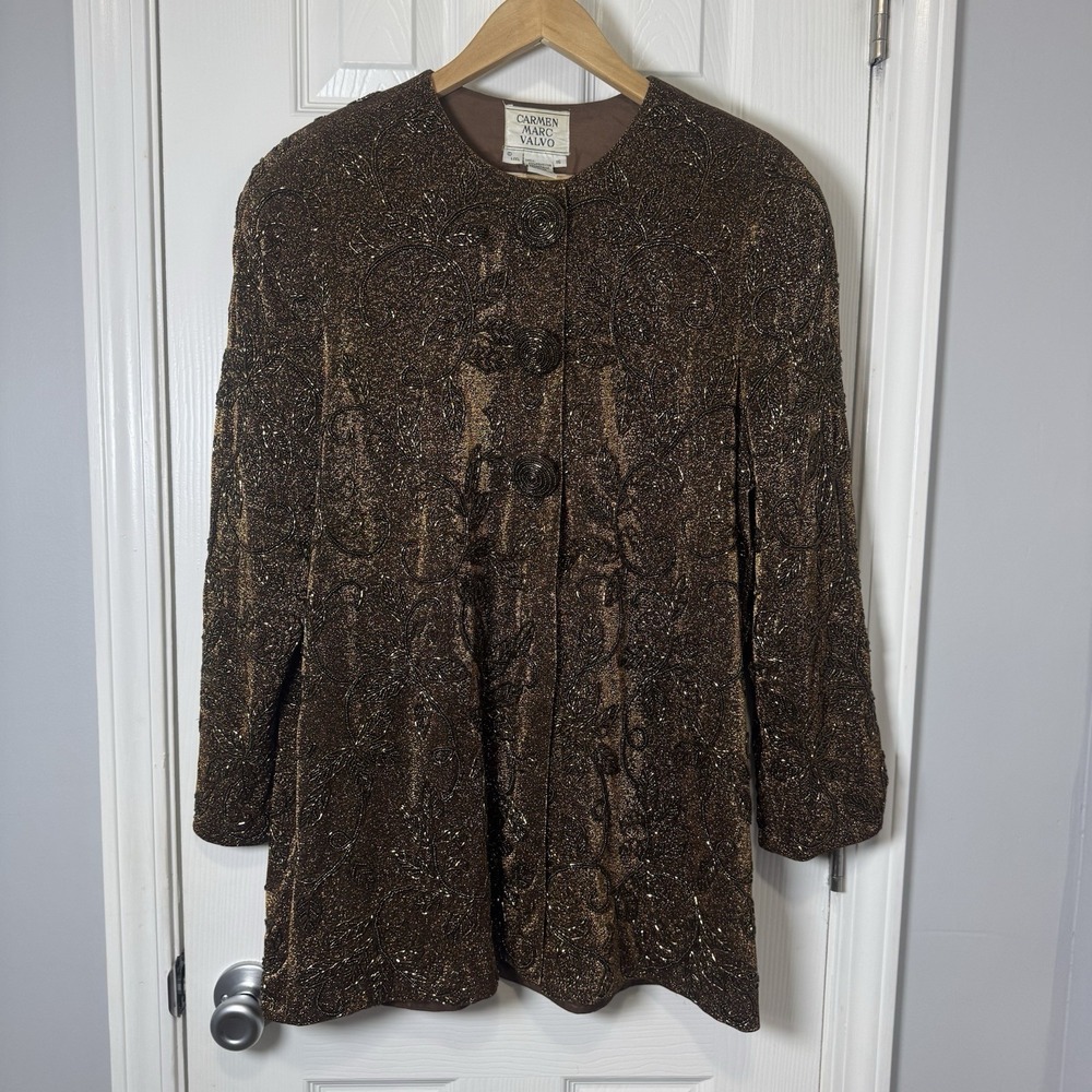 Carmen Marc Valvo Vintage Dark Gold Jacket Suit Blazer Size 16 Heavily Beaded